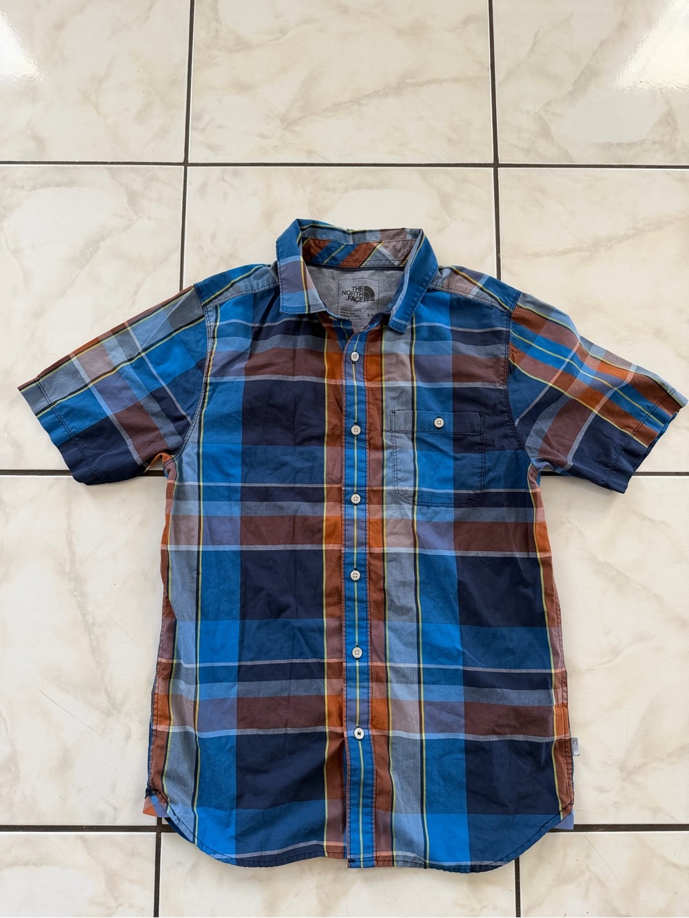 The North Face Blue and Brown Plaid Short-Sleeve Button-Down Shirt